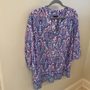 Talbots Pink and Blue Paisley Ruffle-Front Tunic